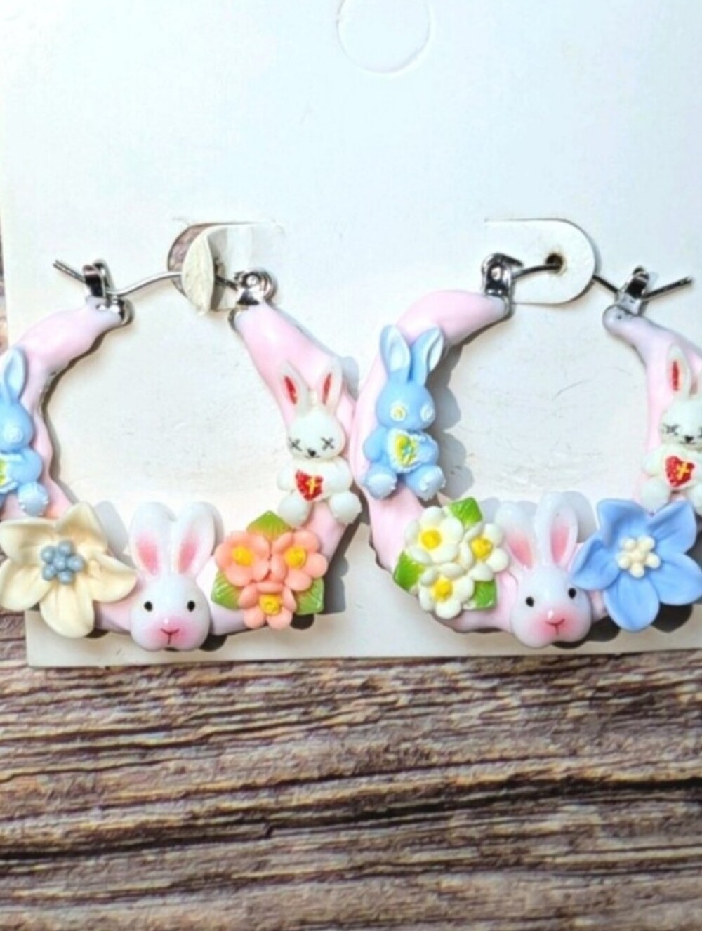 Hand Crafted Pastel Bunny Hoop Earrings with Floral Accents